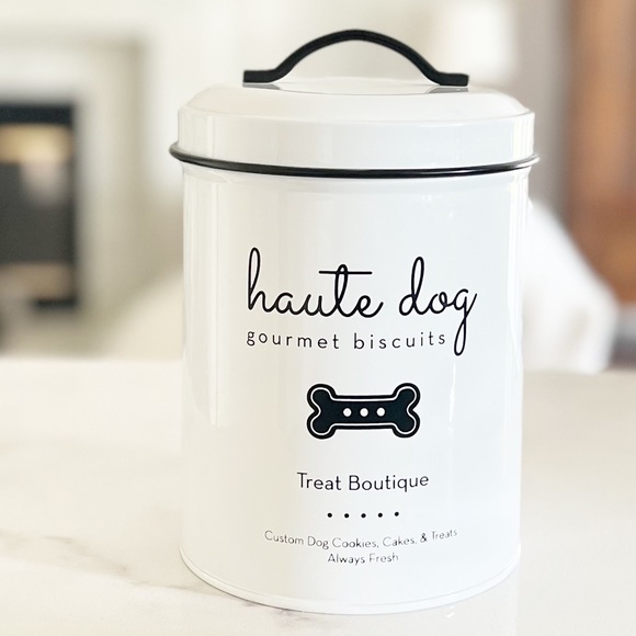 ENAMELED DOG TREAT METAL CANISTER BLACK WHITE HAUTE DOG BONE GRAPHICS IN… - Picture 12 of 12